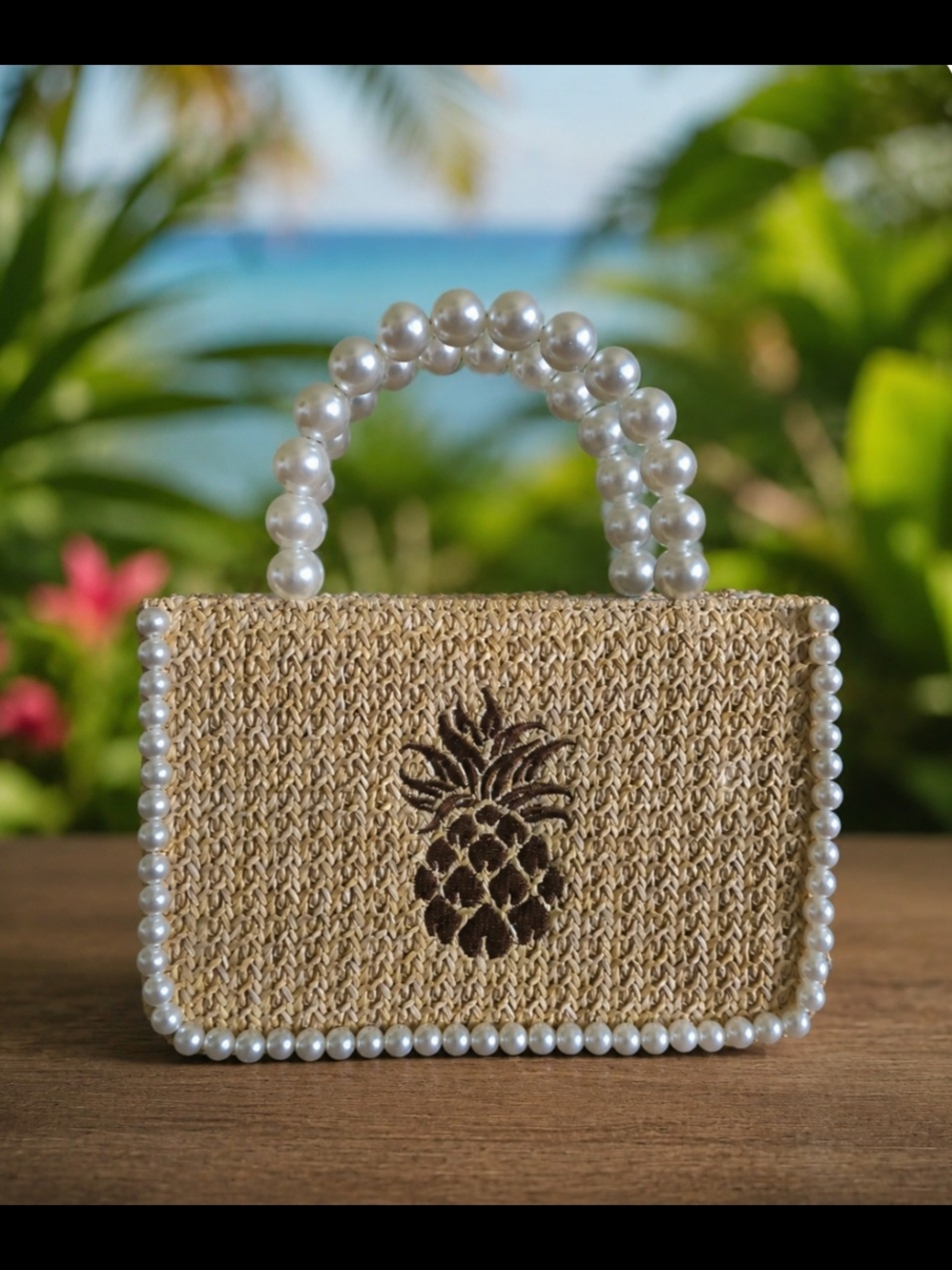 Straw Pineapple Pearl-Trim Tote Bag - Natural-NWT